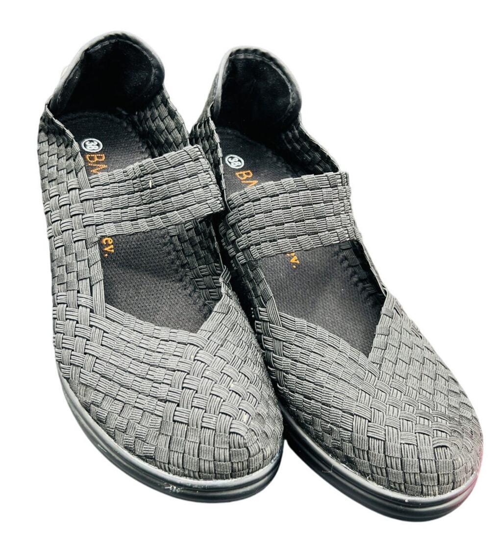 โจ Bernie Mev Black Woven Heels SZ 38/7 Comfort Stretch Shoes Y2K Workwear Chic